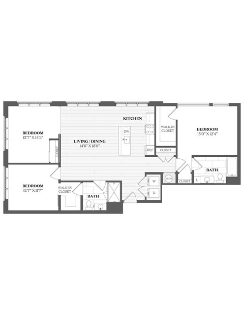 Floor plan for 3 beds, 2 baths, 1390 sqft